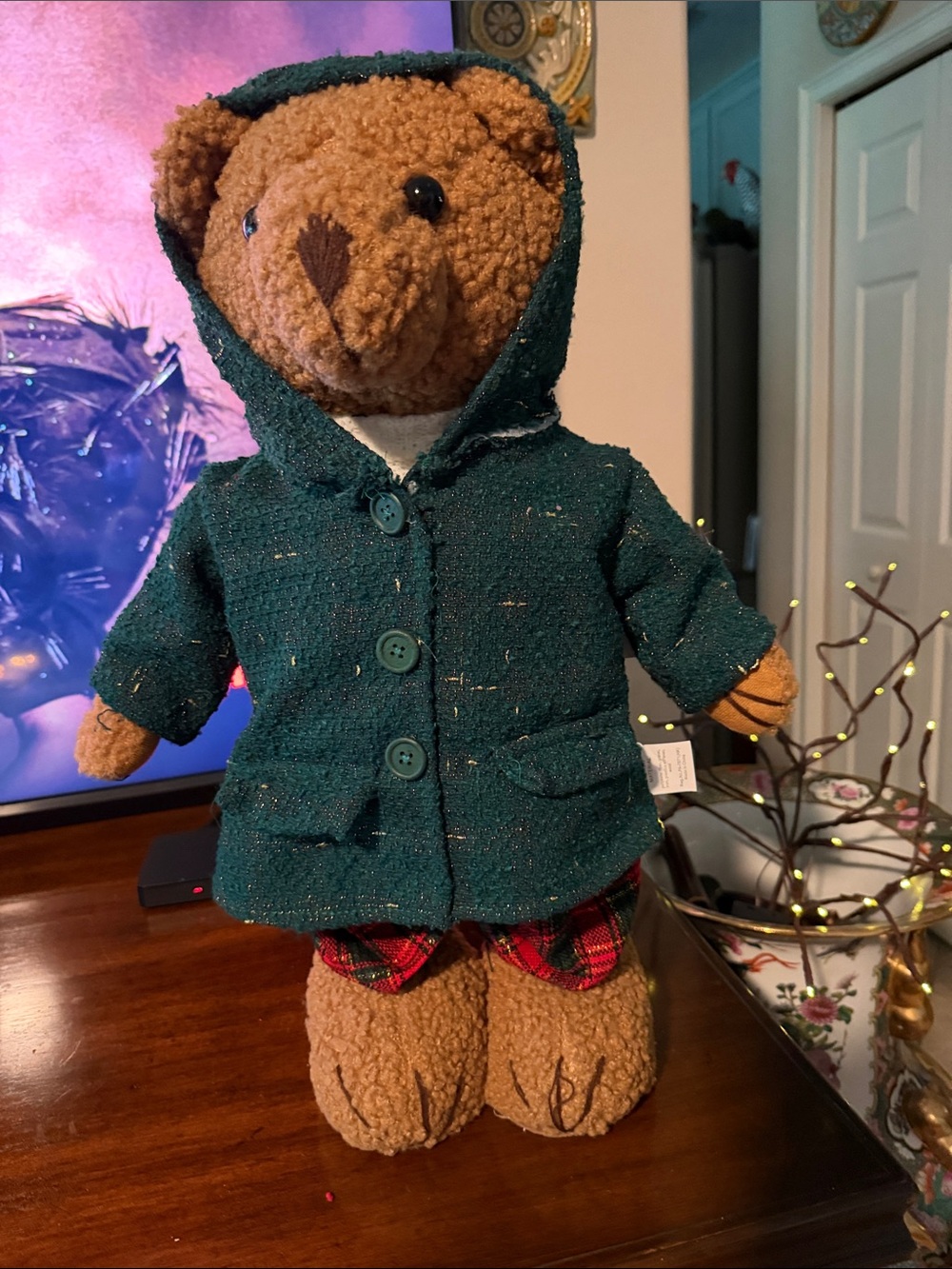 Plush Brown Teddy Bear in Green gold thread plaid hooded  jacketRed Plaid pants